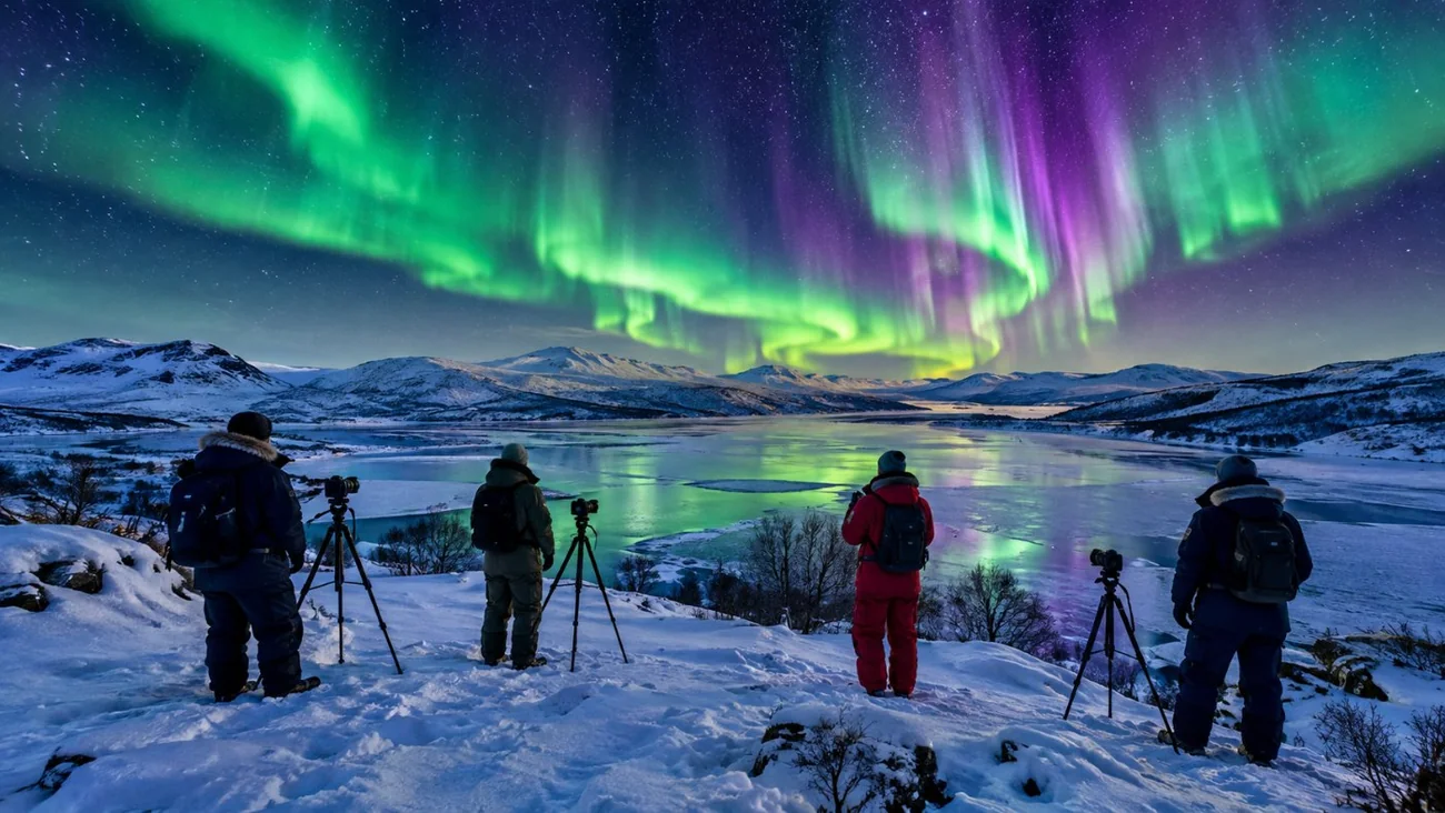 Reisende mit Stativen auf einem schneebedeckten Plateau, die ein grünes und violettes Polarlicht beobachten