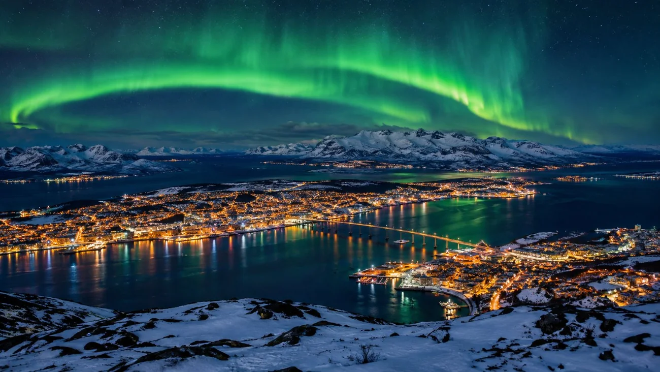 Tromsø und seine Brücke, vom Berg aus bei Nacht gesehen, mit einem Polarlicht über der Stadt